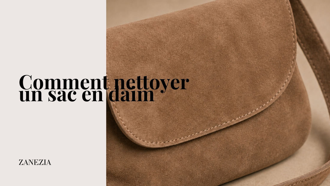 Sac à main en daim beige clair photographié en gros plan mettant en valeur la texture veloutée de la matière et les finitions du sac.