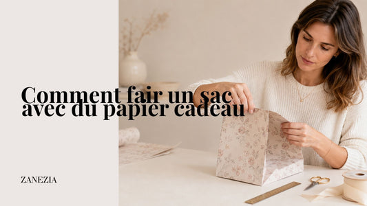Femme fabriquant un sac avec du papier cadeau fleuri dans un atelier aux tons blanc cassé et beige.