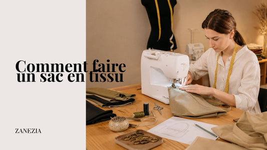 Créatrice de sacs à main en toile beige cousant un cabas en tissu canvas 