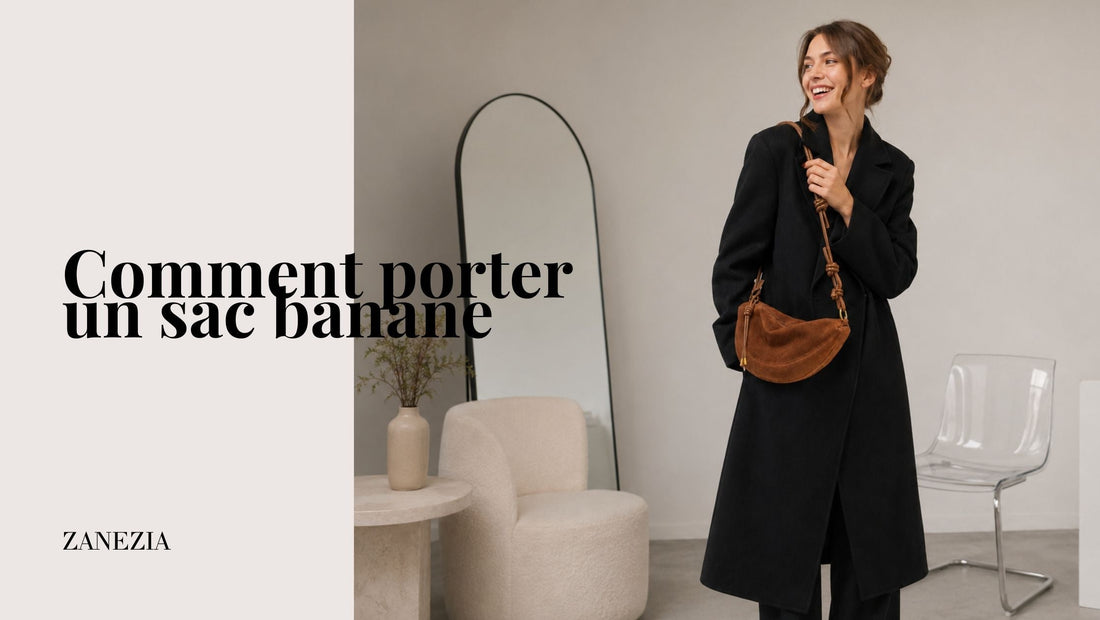 Femme portant un sac à main demi-lune en daim marron dans un studio moderne et lumineux, avec fauteuil, chaise transparente et éléments décoratifs minimalistes en arrière-plan.