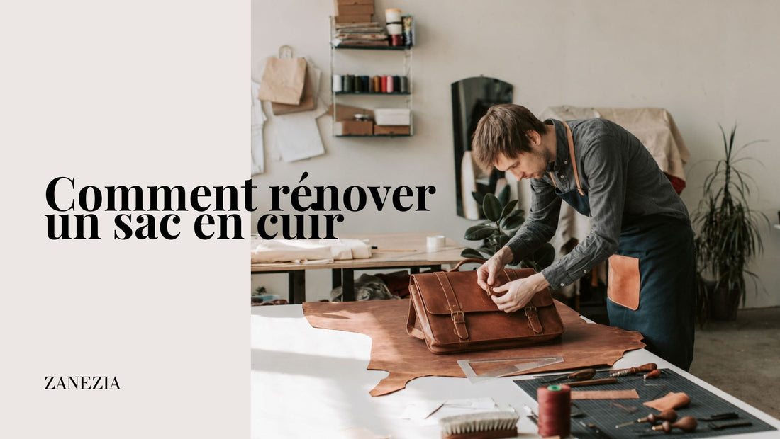 Artisan rénovant un sac en cuir dans un atelier de maroquinerie, entouré d’outils et de matériaux de travail.