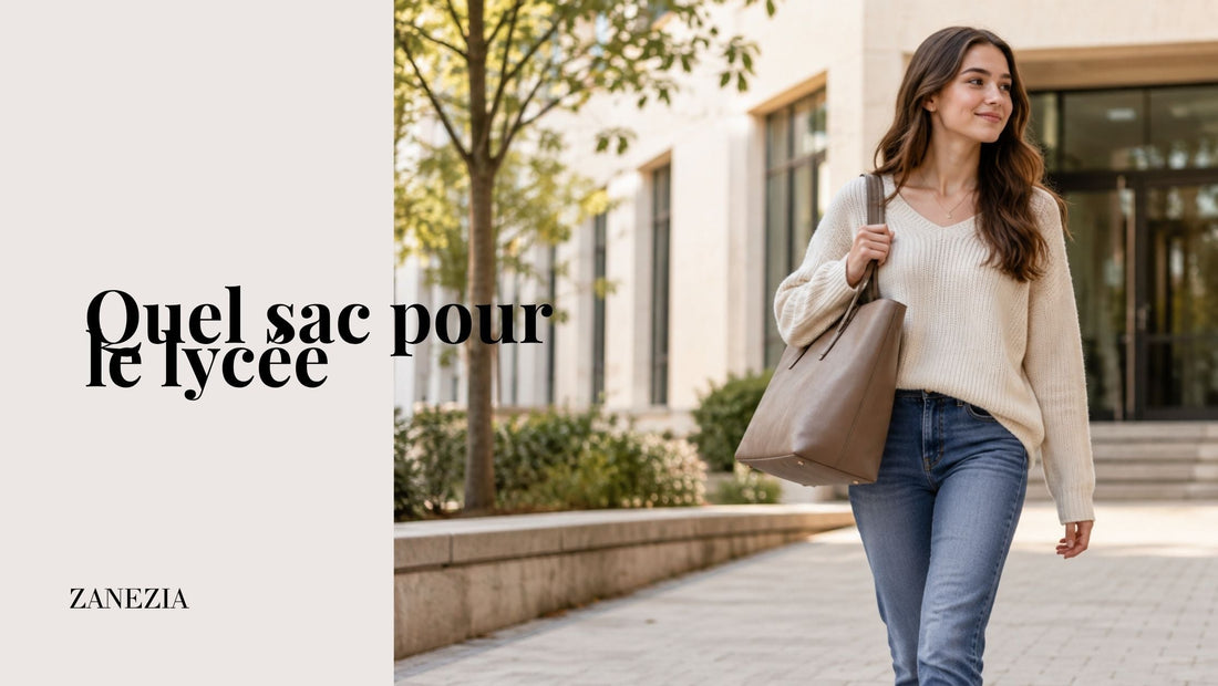 Lycéenne de 18 ans marchant devant son établissement avec un grand sac de cours beige porté à l