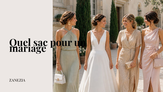 Mariée entourée de trois invitées élégantes portant différents sacs à main pour un mariage en été.